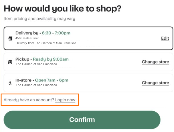 Shows a store selector screen highlighting a section that prompts users with "Already have an account? Login now."